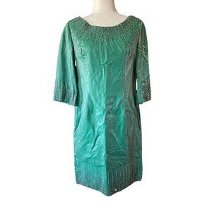 Vintage 1960's Silk Sheath Dress Emerald Green Space Age Beaded Retro Dress Sate